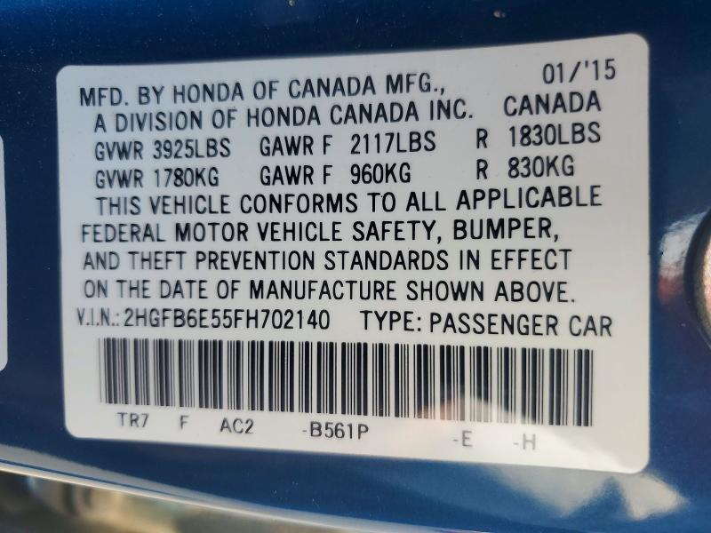 2015 Honda Civic მანქანა იყიდება აუქციონზე, vin: 2HGFB6E55FH702140, აუქციონის ნომერი: 60038256