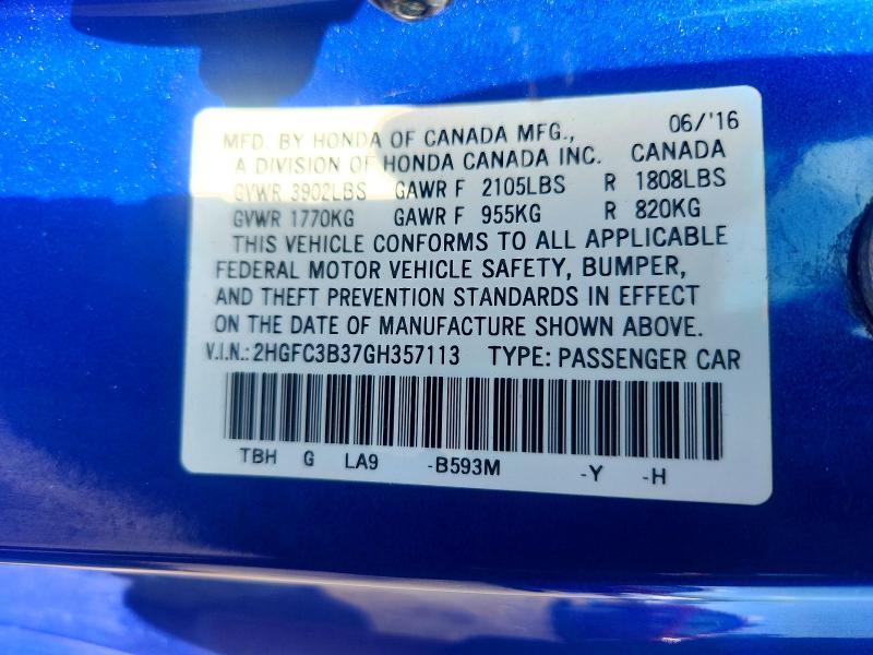 Продажа на аукционе авто 2016 Honda Civic, vin: 2HGFC3B37GH357113, номер лота: 59154766