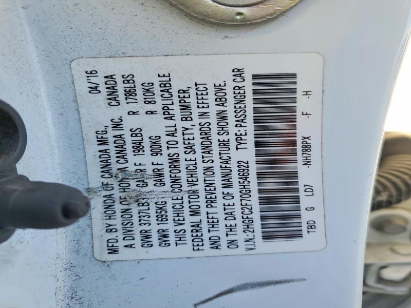 Продаж на аукціоні авто 2016 Honda Civic, vin: 2HGFC2F70GH546922, номер лоту: 61049946