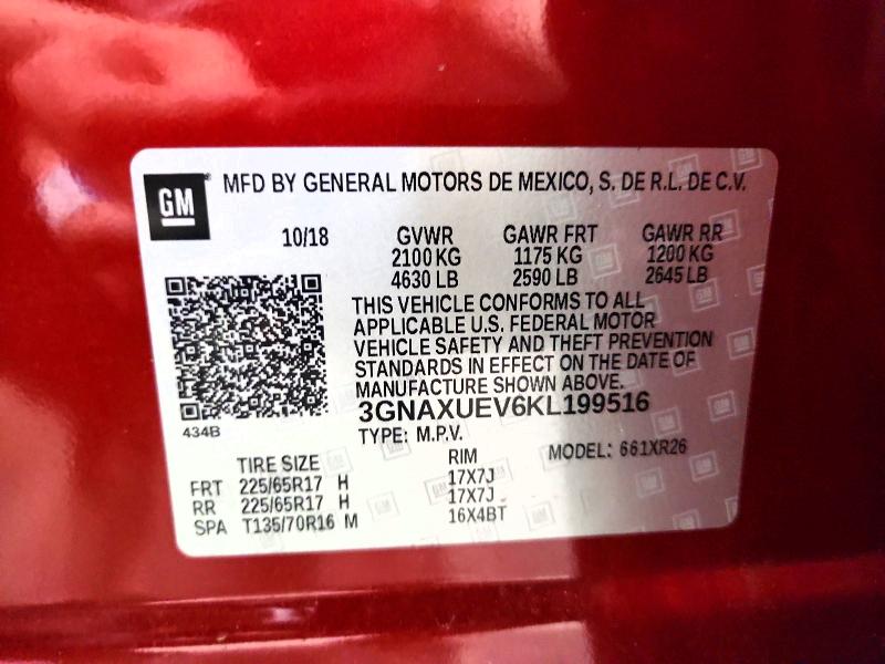 60373406 :رقم المزاد ، 3GNAXUEV6KL199516 vin ، 2019 Chevrolet Equinox مزاد بيع