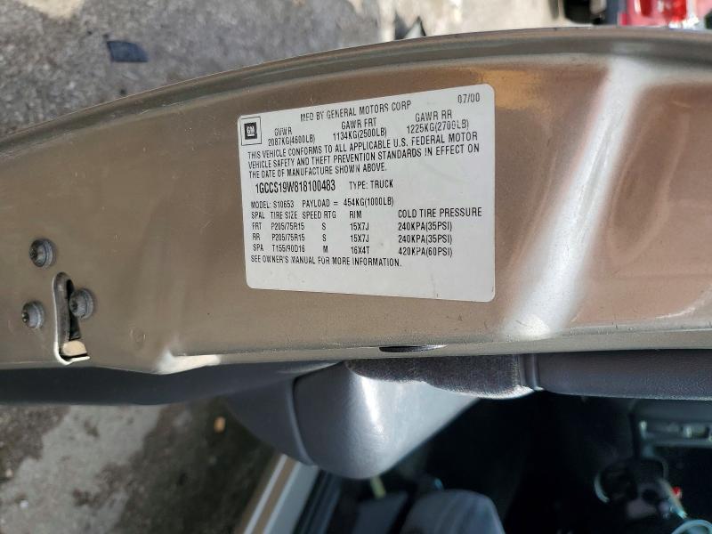 2001 Chevrolet S Truck მანქანა იყიდება აუქციონზე, vin: 1GCCS19W818100483, აუქციონის ნომერი: 59614186