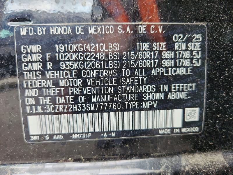 Aukcja sprzedaży 2025 Honda Hr-v, vin: 3CZRZ2H33SM777760, numer aukcji: 62773396