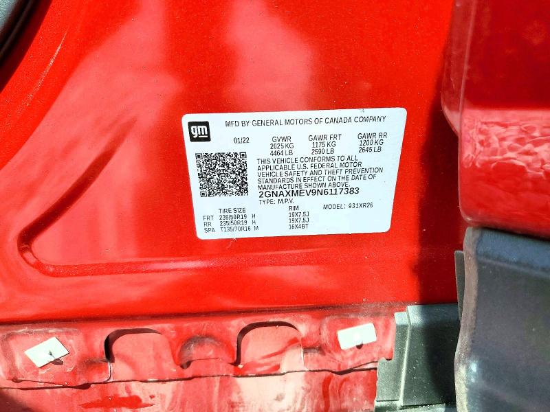 2022 Chevrolet Equinox მანქანა იყიდება აუქციონზე, vin: 2GNAXMEV9N6117383, აუქციონის ნომერი: 59634436