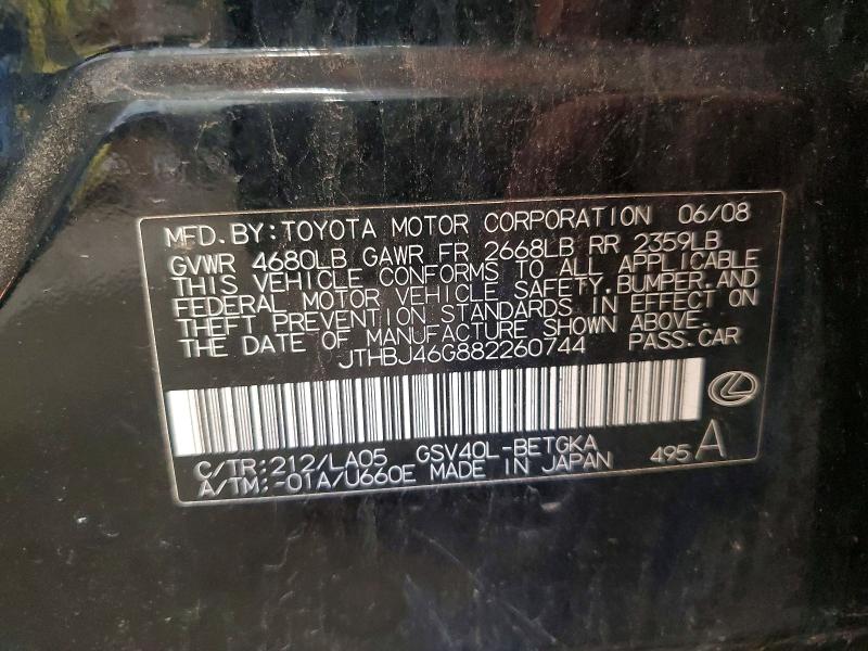 2008 Lexus Es მანქანა იყიდება აუქციონზე, vin: JTHBJ46G882260744, აუქციონის ნომერი: 60993156