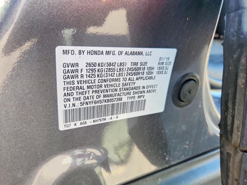 Продажа на аукционе авто 2019 Honda Pilot, vin: 5FNYF6H57KB057398, номер лота: 60069246