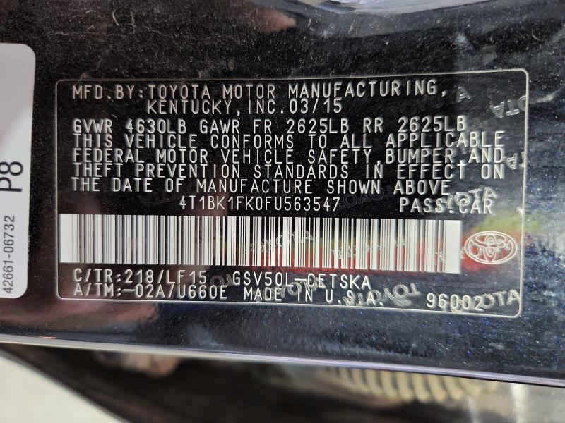 2015 Toyota Camry მანქანა იყიდება აუქციონზე, vin: 4T1BK1FK0FU563547, აუქციონის ნომერი: 60357366