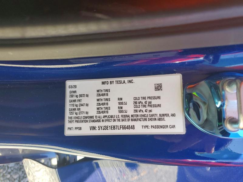 Продаж на аукціоні авто 2020 Tesla Model 3, vin: 5YJ3E1EB7LF664848, номер лоту: 60884906