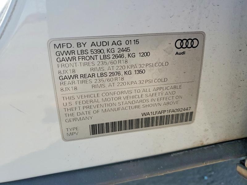 Продаж на аукціоні авто 2015 Audi Q5, vin: WA1LFAFP1FA092447, номер лоту: 61375496