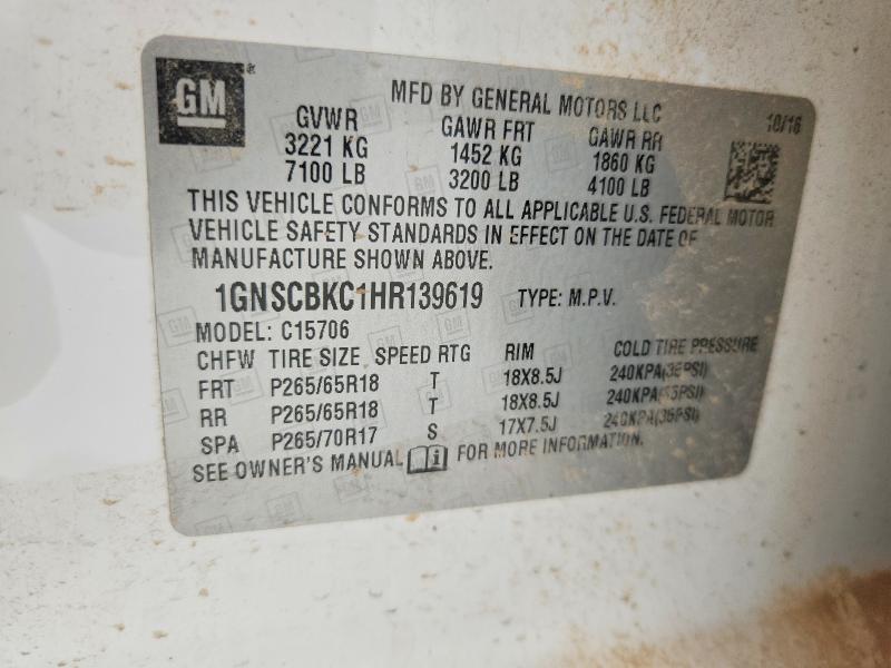 2017 Chevrolet Tahoe მანქანა იყიდება აუქციონზე, vin: 1GNSCBKC1HR139619, აუქციონის ნომერი: 60949896