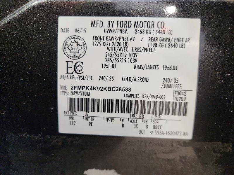 Aukcja sprzedaży 2019 Ford Edge, vin: 2FMPK4K92KBC28588, numer aukcji: 60465156