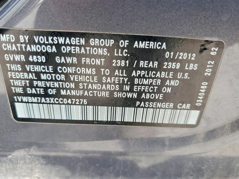 Aukcja sprzedaży 2012 Volkswagen Passat, vin: 1VWBM7A3XCC047275, numer aukcji: 59818996