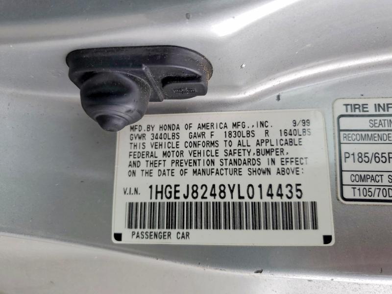 2000 Honda Civic მანქანა იყიდება აუქციონზე, vin: 1HGEJ8248YL014435, აუქციონის ნომერი: 61159456