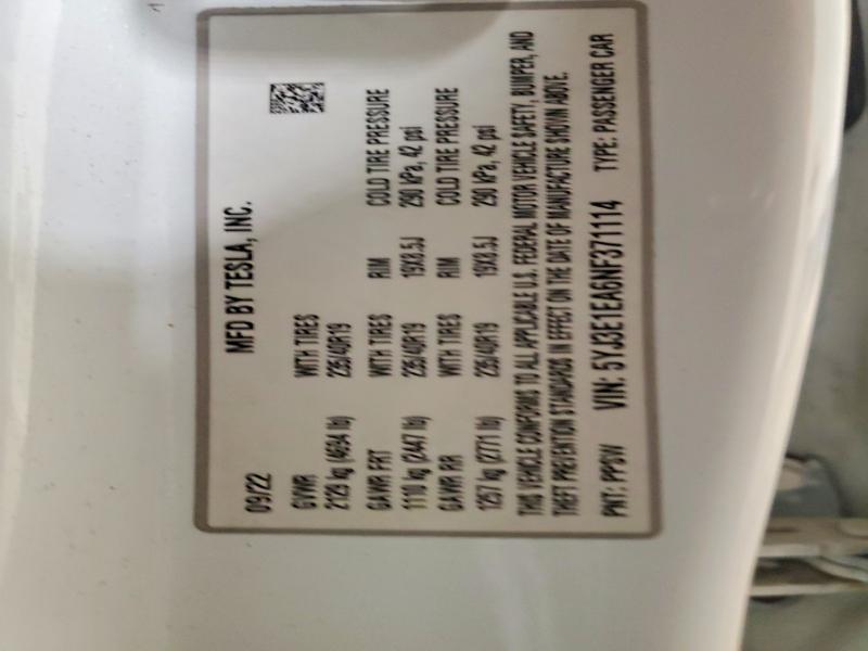 Продаж на аукціоні авто 2022 Tesla Model 3, vin: 5YJ3E1EA6NF371114, номер лоту: 62583776
