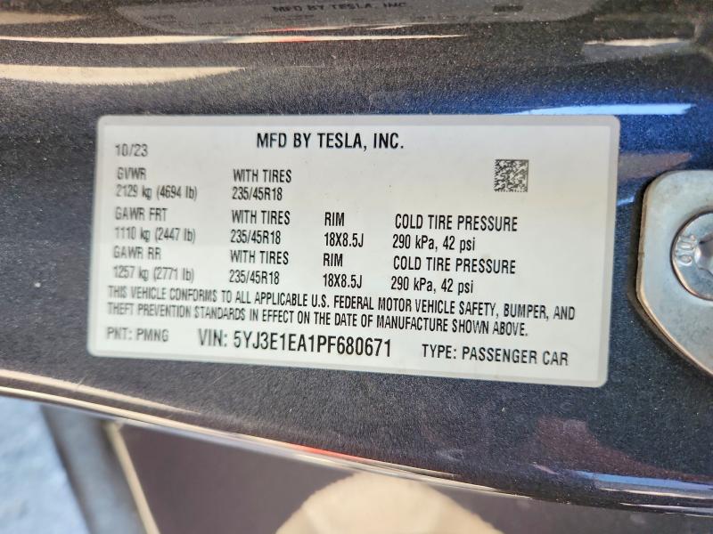2023 Tesla Model 3 მანქანა იყიდება აუქციონზე, vin: 5YJ3E1EA1PF680671, აუქციონის ნომერი: 62640186