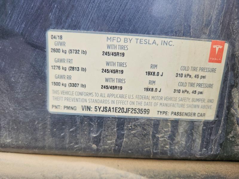 Продаж на аукціоні авто 2018 Tesla Model S, vin: 5YJSA1E20JF253599, номер лоту: 60273966
