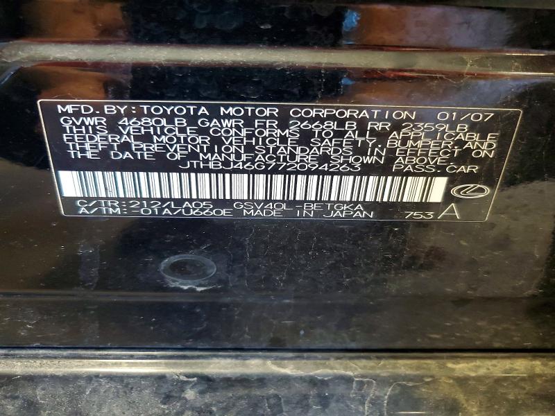Продаж на аукціоні авто 2007 Lexus Es, vin: JTHBJ46G772094263, номер лоту: 60923426