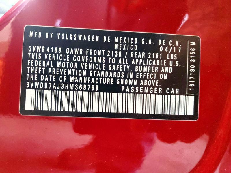 62016476 :رقم المزاد ، 3VWDB7AJ3HM368769 vin ، 2017 Volkswagen Jetta مزاد بيع