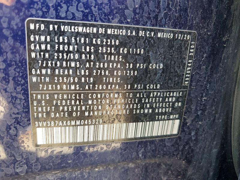 2021 Volkswagen Tiguan მანქანა იყიდება აუქციონზე, vin: 3VV3B7AX6MM045329, აუქციონის ნომერი: 62429976