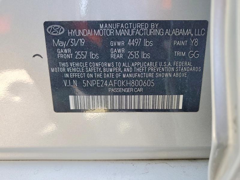 2019 Hyundai Sonata მანქანა იყიდება აუქციონზე, vin: 5NPE24AF0KH800605, აუქციონის ნომერი: 85618305