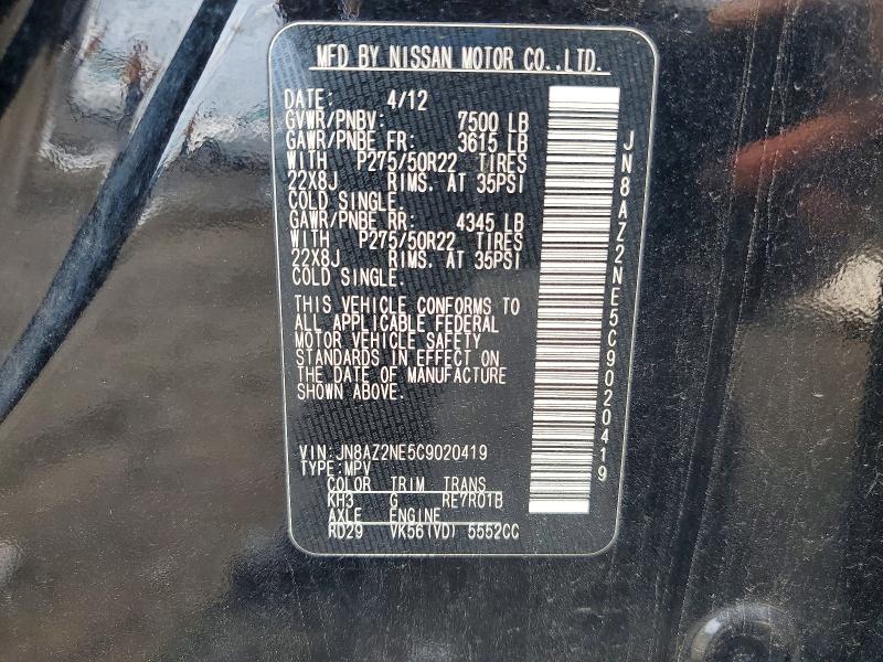 2012 Infiniti Qx56 მანქანა იყიდება აუქციონზე, vin: JN8AZ2NE5C9020419, აუქციონის ნომერი: 63292016
