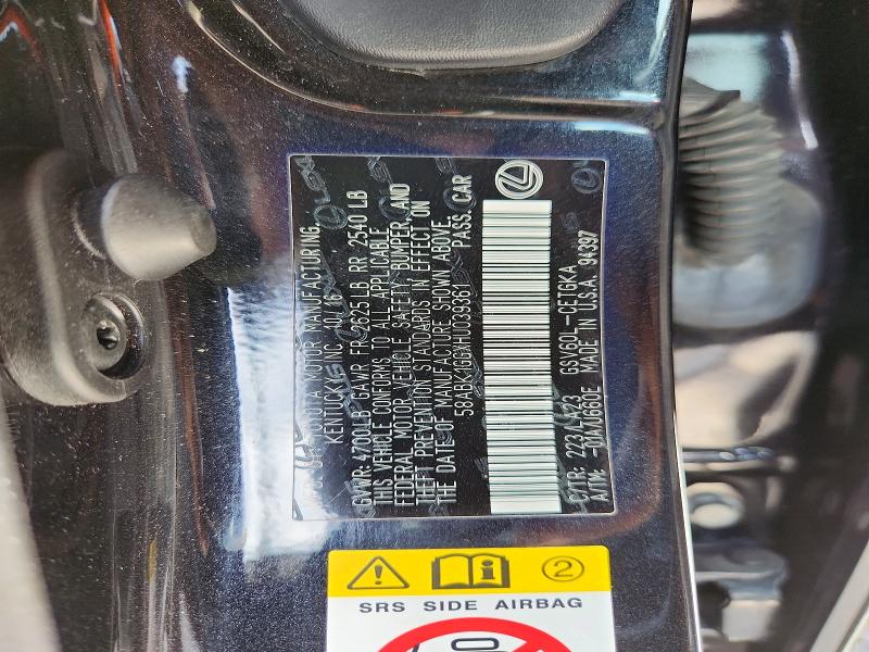 Aukcja sprzedaży 2017 Lexus Es, vin: 58ABK1GGXHU039361, numer aukcji: 63220886