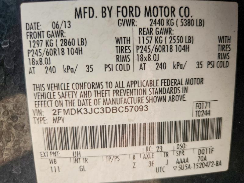 60051276 :رقم المزاد ، 2FMDK3JC3DBC57093 vin ، 2013 Ford Edge مزاد بيع
