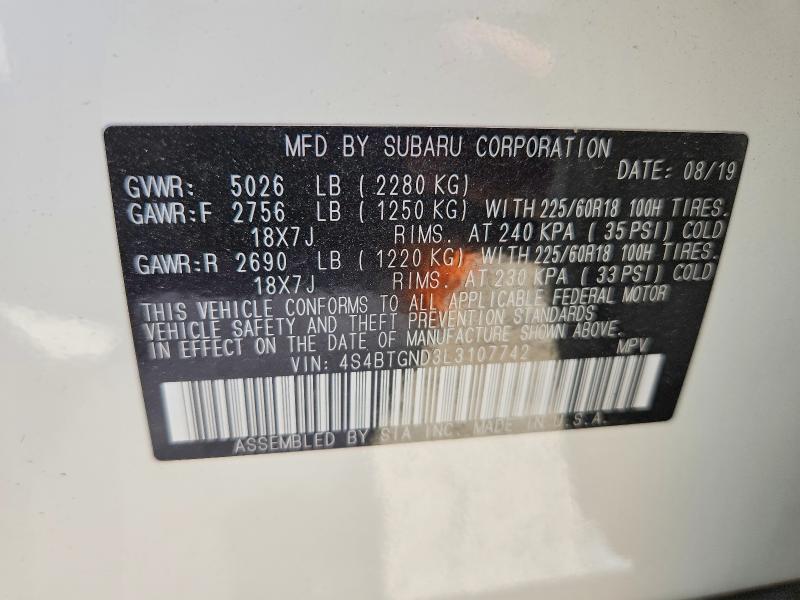 2020 Subaru Outback მანქანა იყიდება აუქციონზე, vin: 4S4BTGND3L3107742, აუქციონის ნომერი: 62603376