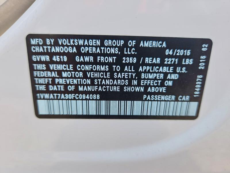Aukcja sprzedaży 2015 Volkswagen Passat, vin: 1VWAT7A30FC094088, numer aukcji: 60453846