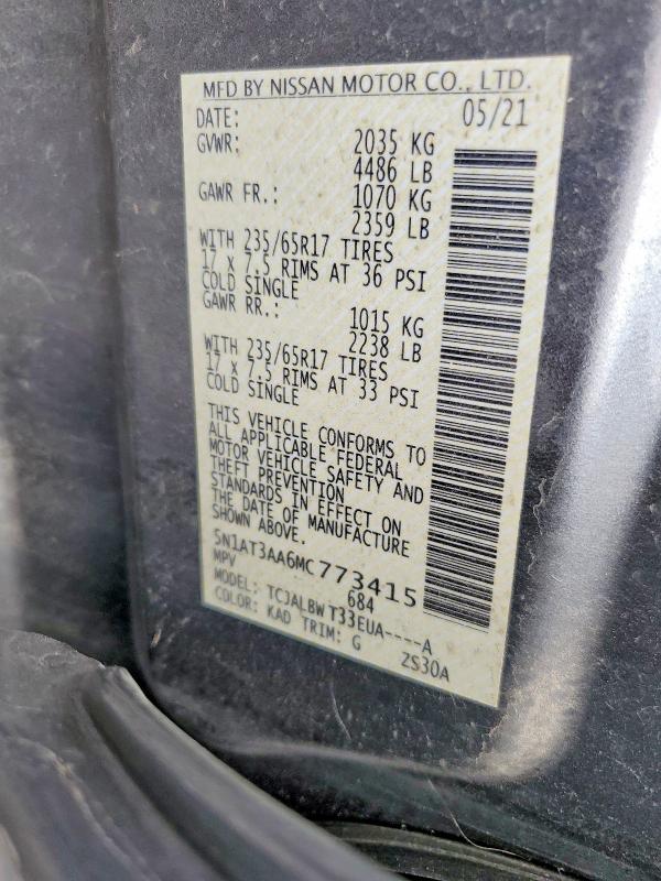 62843756 :رقم المزاد ، 5N1AT3AA6MC773415 vin ، 2021 Nissan Rogue مزاد بيع