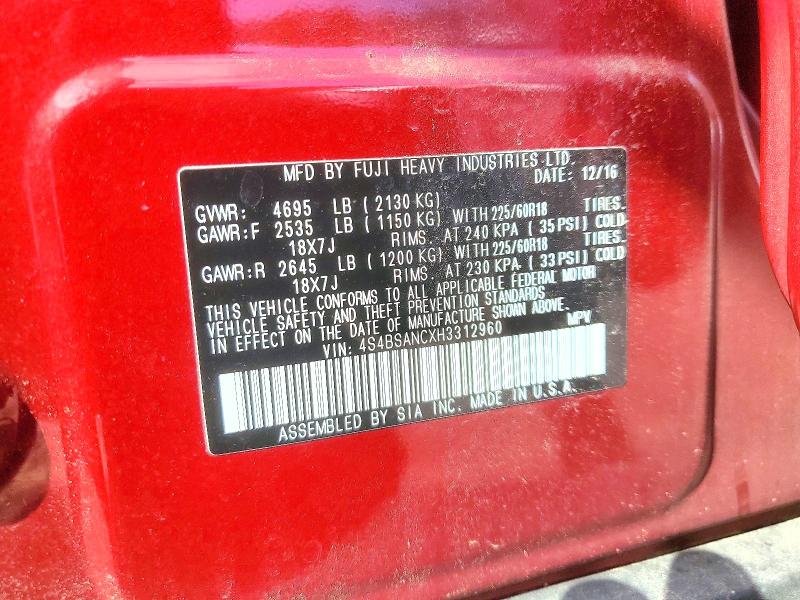 2017 Subaru Outback მანქანა იყიდება აუქციონზე, vin: 4S4BSANCXH3312960, აუქციონის ნომერი: 62088156