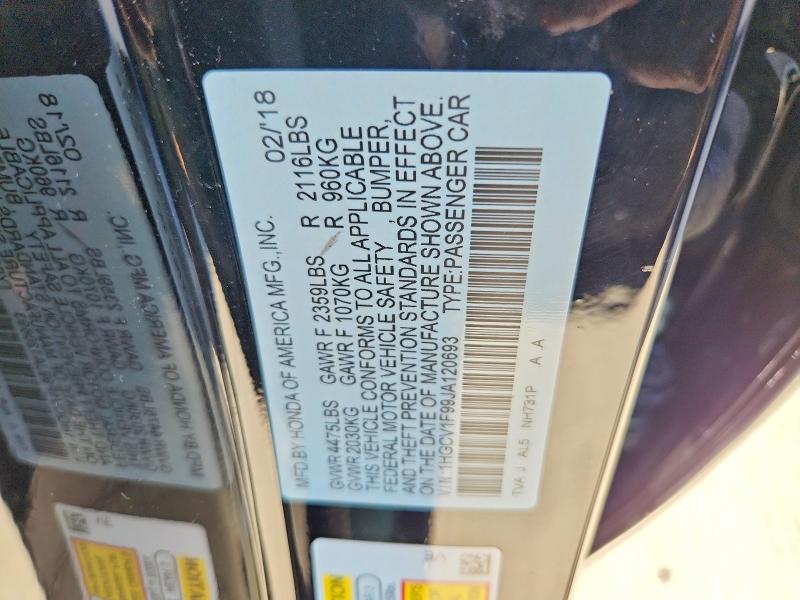 62780246 :رقم المزاد ، 1HGCV1F99JA120693 vin ، 2018 Honda Accord مزاد بيع