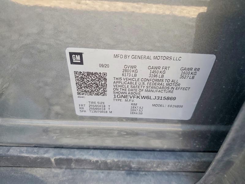 Продаж на аукціоні авто 2020 Chevrolet Traverse, vin: 1GNEVFKW6LJ315869, номер лоту: 61324326