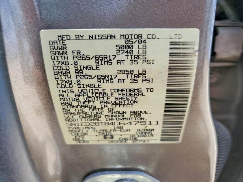 Aukcja sprzedaży 2004 Nissan Xterra, vin: 5N1ED28T84C647511, numer aukcji: 85603835