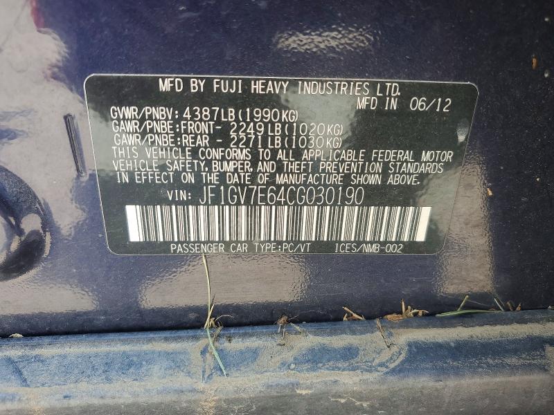 Aukcja sprzedaży 2012 Subaru Impreza, vin: JF1GV7E64CG030190, numer aukcji: 62832566