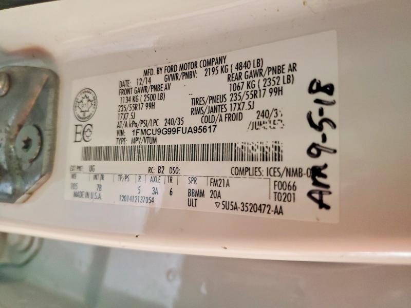 2015 Ford Escape მანქანა იყიდება აუქციონზე, vin: 1FMCU9G99FUA95617, აუქციონის ნომერი: 61558026