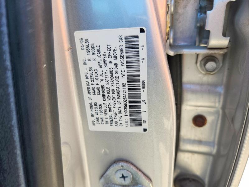 2006 Honda Accord მანქანა იყიდება აუქციონზე, vin: 1HGCM56326A121102, აუქციონის ნომერი: 62492966