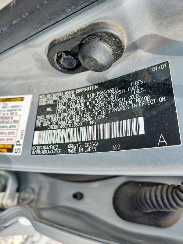 2007 Toyota 4runner მანქანა იყიდება აუქციონზე, vin: JTEBU14RX70118820, აუქციონის ნომერი: 60176476