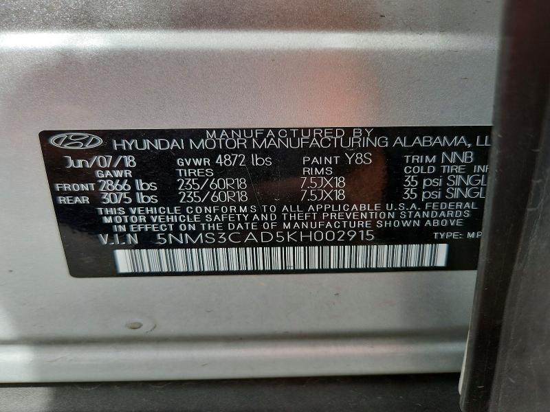 Продаж на аукціоні авто 2019 Hyundai Santa Fe, vin: 5NMS3CAD5KH002915, номер лоту: 63313716