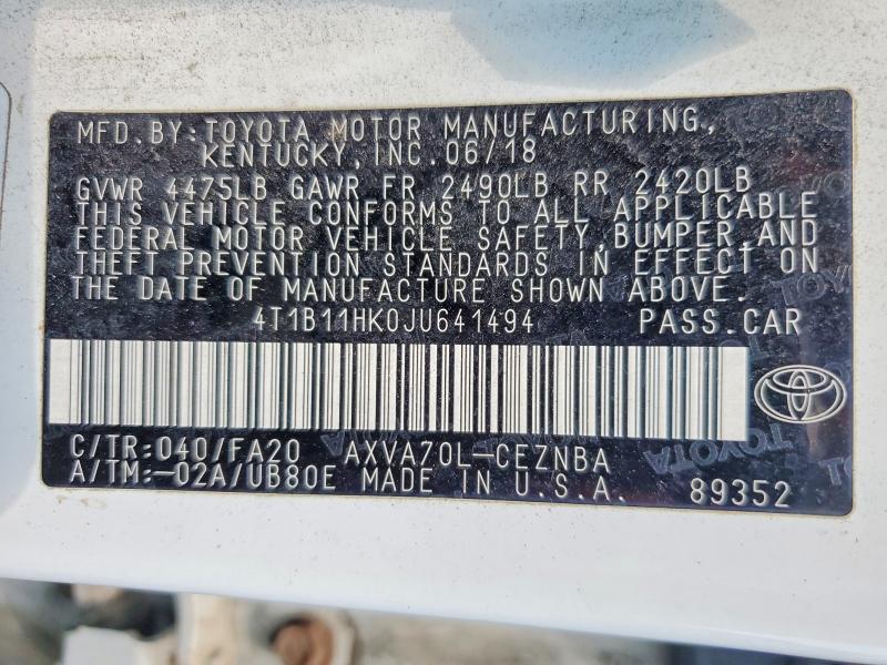 Продаж на аукціоні авто 2018 Toyota Camry, vin: 4T1B11HK0JU641494, номер лоту: 62299446