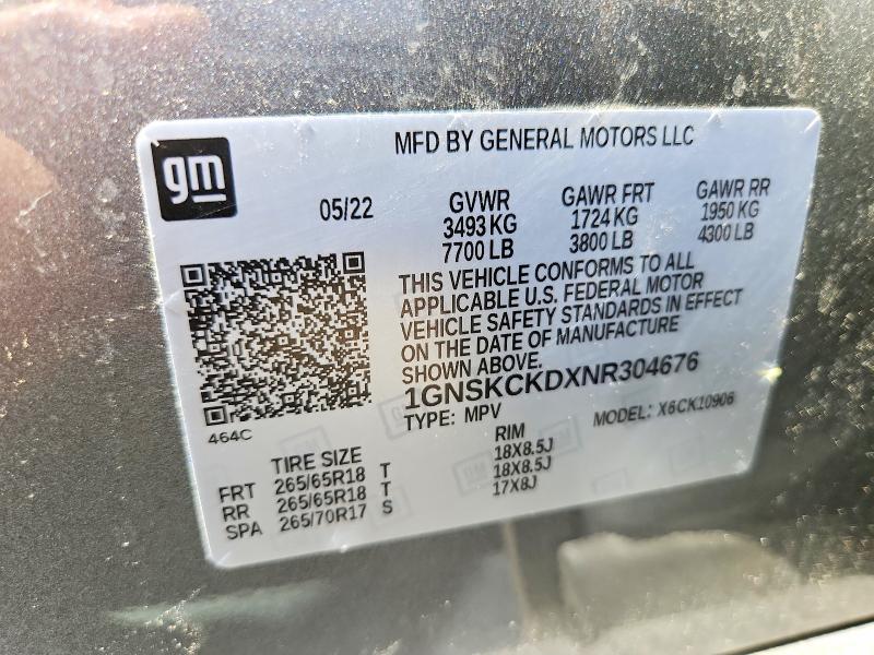 Продаж на аукціоні авто 2022 Chevrolet Suburban, vin: 1GNSKCKDXNR304676, номер лоту: 62015916