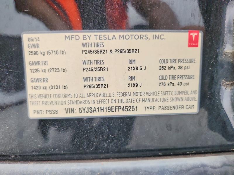 2014 Tesla Model S მანქანა იყიდება აუქციონზე, vin: 5YJSA1H19EFP45251, აუქციონის ნომერი: 62912266
