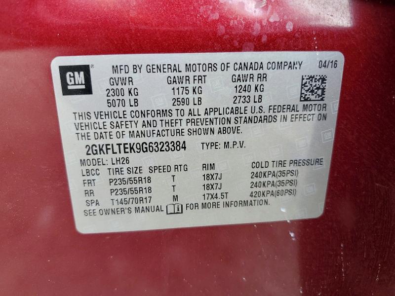 Aukcja sprzedaży 2016 Gmc Terrain, vin: 2GKFLTEK9G6323384, numer aukcji: 62412536