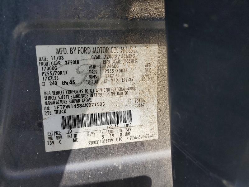 60180086 :رقم المزاد ، 1FTPW14584KB71503 vin ، 2004 Ford F150 مزاد بيع