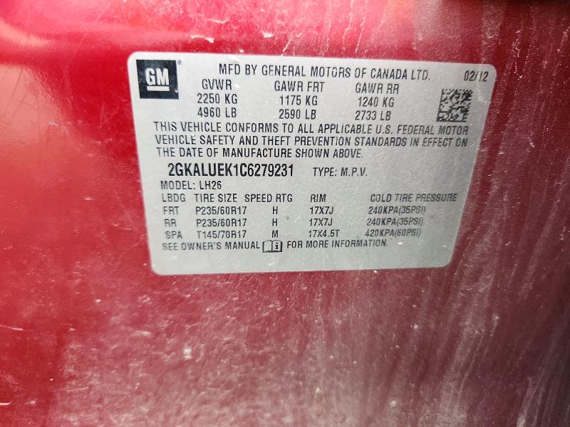 62599696 :رقم المزاد ، 2GKALUEK1C6279231 vin ، 2012 Gmc Terrain مزاد بيع