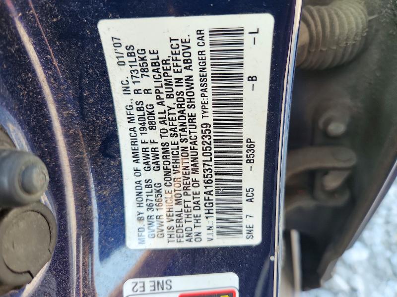 Продажа на аукционе авто 2007 Honda Civic, vin: 1HGFA16537L052359, номер лота: 59901096