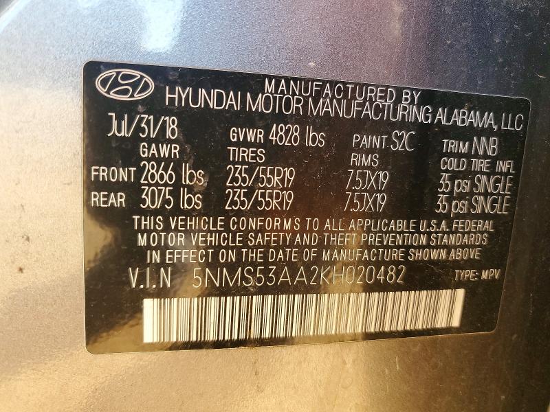 Aukcja sprzedaży 2019 Hyundai Santa Fe, vin: 5NMS53AA2KH020482, numer aukcji: 63289946