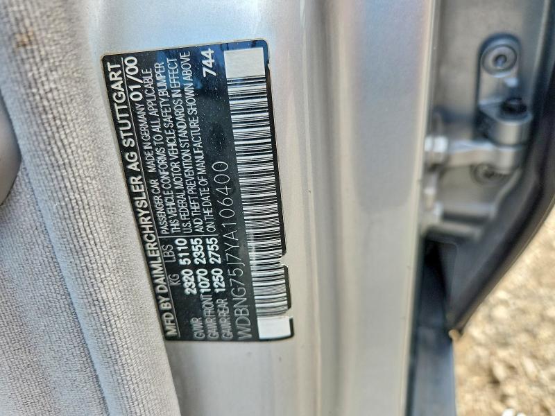 2000 Mercedes-benz S მანქანა იყიდება აუქციონზე, vin: WDBNG75J7YA106400, აუქციონის ნომერი: 61698426