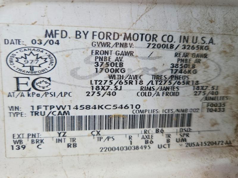 61590006 :رقم المزاد ، 1FTPW14584KC54610 vin ، 2004 Ford F150 مزاد بيع