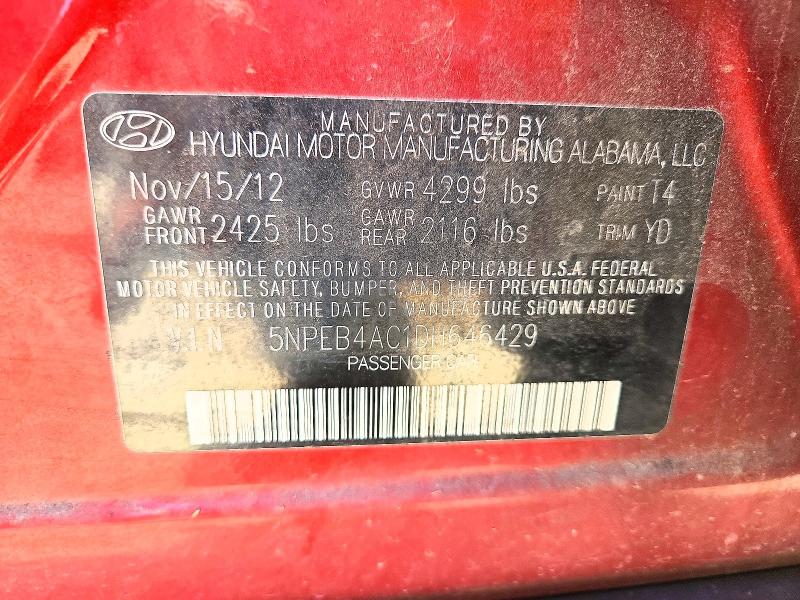 62319106 :رقم المزاد ، 5NPEB4AC1DH646429 vin ، 2013 Hyundai Sonata مزاد بيع