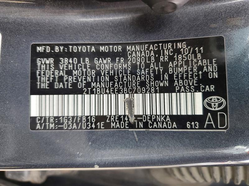 Aukcja sprzedaży 2011 Toyota Corolla, vin: 2T1BU4EE3BC709281, numer aukcji: 62954156